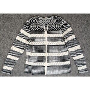 Talbots Cardigan Sweater Women Petite Med Cream Black Zip Up Eyelet Fair Isle